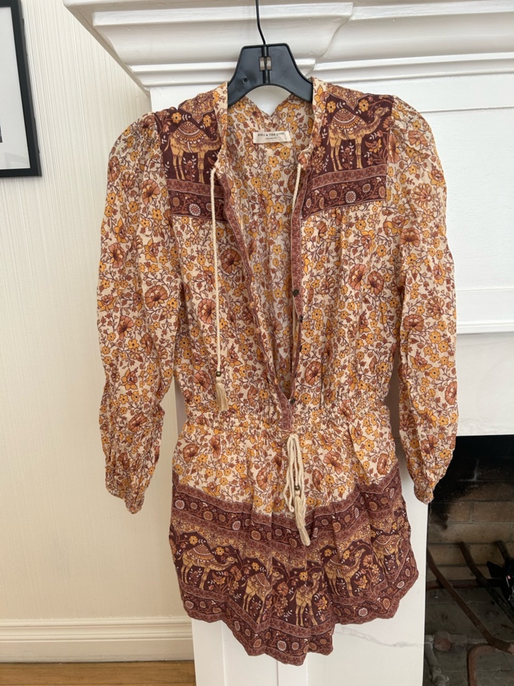 SPELL & THE GYPSY Boho Floral Drawstring Romper in Mustard and Burgundy